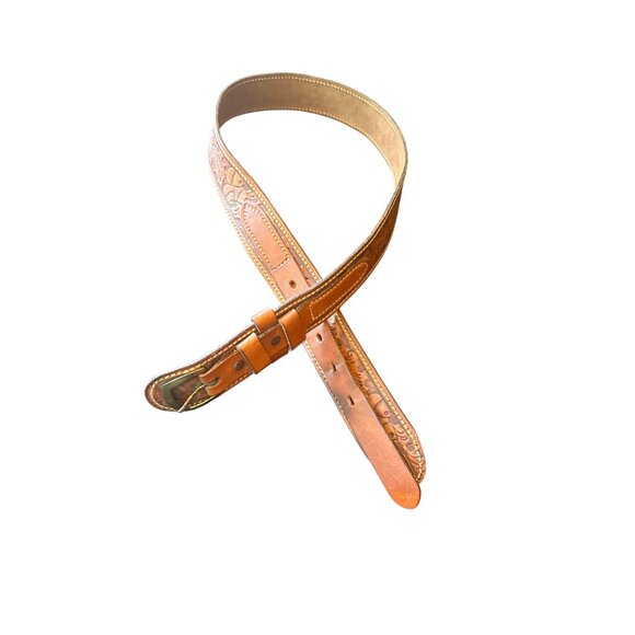 Vintage Harness Cowhide Leather Belt With Buckle & Embossed Acorn Design Size 34 - Picture 1 of 6